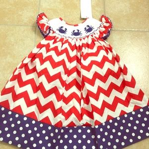 12m Red White & Blue smocked crab dress